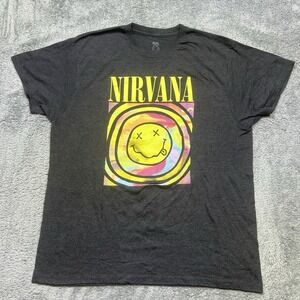 Nirvana Smiley Face Tshirt Mens 2XL Gray Grunge Technicolor Rock‎ Band Reprint